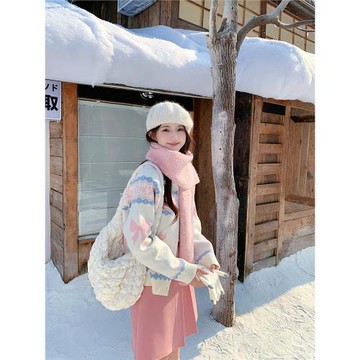 cozydays白色費爾島提花針織開衫女冬季厚款寬松保暖慵懶毛衣外套