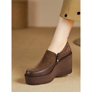 真皮增高女鞋2025春新款小個子防水臺磨砂高跟鞋深口坡跟單鞋黑色