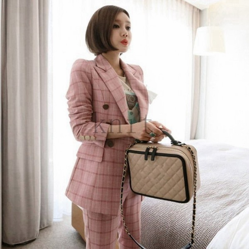 ピンクチェック柄スーツレディースパンツスーツフォーマル結婚式二次会お呼ばれ春秋代30代40代韓国風お洒落通勤olセレモニースーツ 通販 Lineポイント最大get Lineショッピング