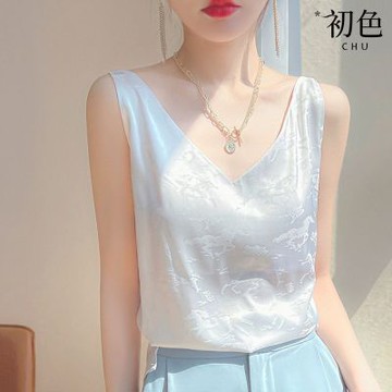 初色 名媛性感風純色緹花V領無袖緞面真絲吊帶背心女背心-共12色-13439(M-3XL可選/現貨+預購)