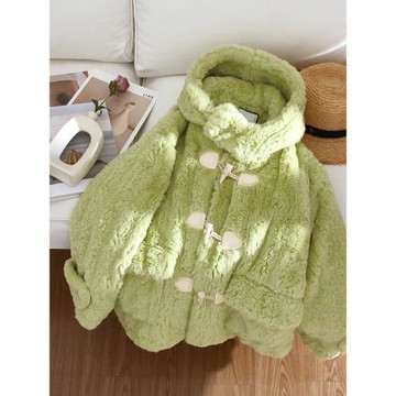 4U4U 青提奶綠色仿兔毛外套女冬裝新款牛角扣連帽毛絨絨長袖上衣