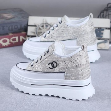 鞋子女2024年春秋系帶小白鞋女厚底內增高10CM小個子百搭休閑板鞋