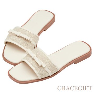 【Grace Gift】南法之旅亞麻寬帶蝴蝶結雲感平底拖鞋 米白