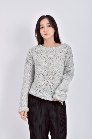 (L) ozoc質感針織微鏤空灰色毛衣