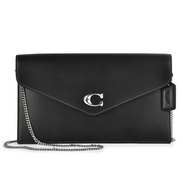 COACH 質感滑面皮革信封大手拿包(附斜背鏈帶)-黑色