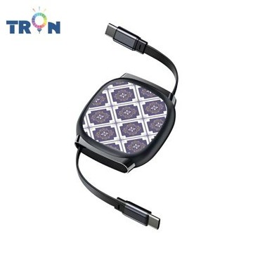 TRON 100W Type-C 伸縮快充線 1M 鈦黑色 幾何復古花磚-3 4檔長度調整 可充筆電 適用i15以上手機 平板