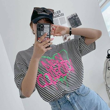 ANNAS 正韓 潑漆 字母 條紋 短袖 上衣 棉T 潮流 個性 螢光色 帥氣 韓國