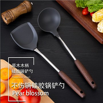 不銹鋼硅膠木柄鍋勺鍋鏟耐高溫鍋鏟不粘硅膠烹飪鏟勺家用廚房用具