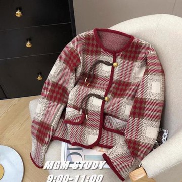 法式小香風紅色格子外套女2025秋冬新款氣質名媛加厚小個子毛呢