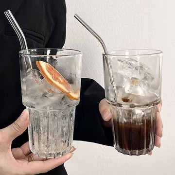 透明玻璃杯 附吸管早餐杯 冰美式咖啡杯 拿鐵杯 冷飲杯 透明飲料杯 厚底直紋水杯 居家辦公室下午茶杯 韓系簡約玻璃水杯