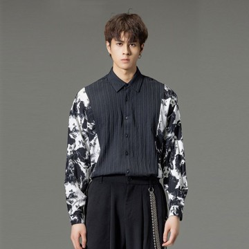 秋季印花拼接長袖襯衫  水墨畫男士襯衣