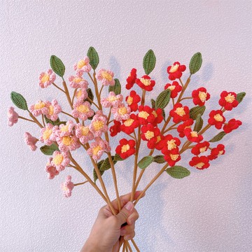 手作鉤織桃花盛放粉嫩花莖插牌擺飾