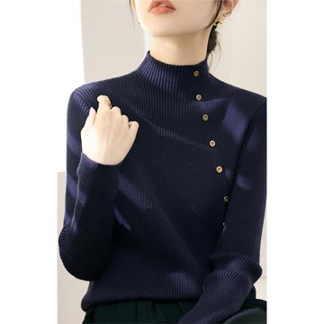 春季新款藏青色長袖針織衫女修身紐扣設計半高領毛衣內搭打底上衣