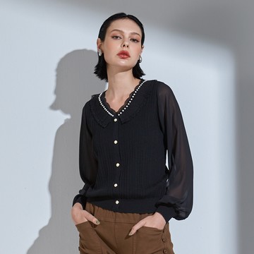 CLL巧玲瓏 典雅珠飾荷葉領長袖針織衫 3918636