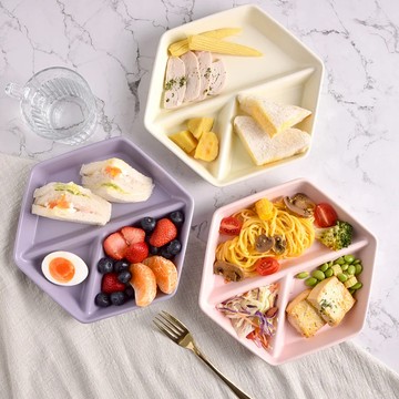 Homely Zakka 北歐六角型陶瓷分隔餐盤 211餐盤 3格分隔餐盤 - 四色一組