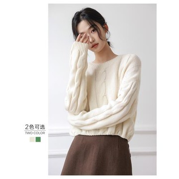 圓領麻花毛衣女秋冬寬松慵懶風設計感小眾短款內搭針織打底衫上衣