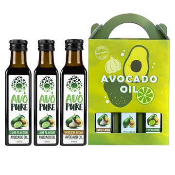 紐西蘭 AVOPURE-100%特級初榨冷壓酪梨油((萊姆風味x2+大蒜風味x1)250mlx3瓶-禮盒組 x 3瓶-禮盒組