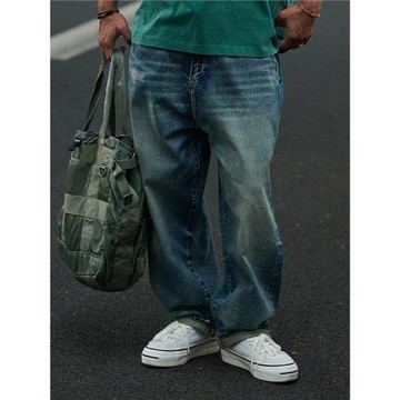 (免運)Broshood 25ss 日系寬松復古水洗貓須破壞補丁赤耳牛仔微錐長褲男