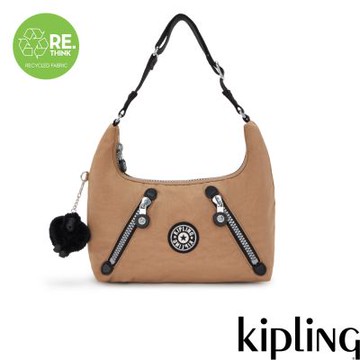 Kipling 淺棕色雙拉鍊實用肩背包-NIKKI