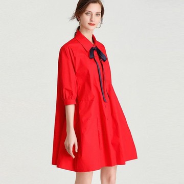 《D'Fina 時尚女裝》 大碼棉花糖女孩時尚蝴蝶結繫帶收腰襯衫裙中長版顯瘦氣質