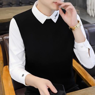 秋冬假兩件毛衣男刺繡襯衫領針織彈力打底衫韓版修身襯衣領毛線衫