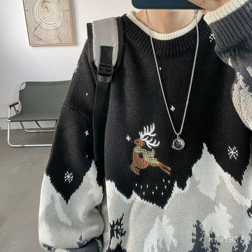 聖誕節麋鹿圖案美式複古高街毛衣男秋冬季加厚百搭網紅針織衫外套 LN41