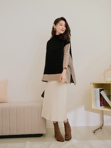 QQ毛衣．保暖條紋針織羅紋立領側開衩上衣