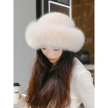2024新款皮草冬天帽子女款保暖可愛顯臉小狐貍毛漁夫帽兔毛針織帽
