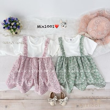 🌈✨mix1001田園小白花假兩件洋裝✨兒童車縫拼接碎花洋裝5-17