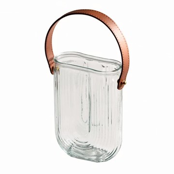 éclat 歐式輕奢皮革手提玻璃花瓶 收納罐  18 x 13 x 6cm  U紋款 透明色 + 棕色