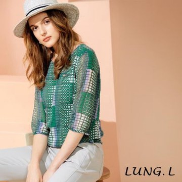 LUNG.L林佳樺 優雅綠色格紋雪紡七分袖女裝上衣 LW40A