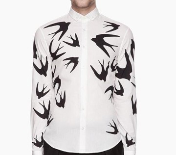 FINDSENSE MD 日系 時尚 男 青年 燕子圖案印花 長衫襯衫 印花襯衫 襯衣 上衣