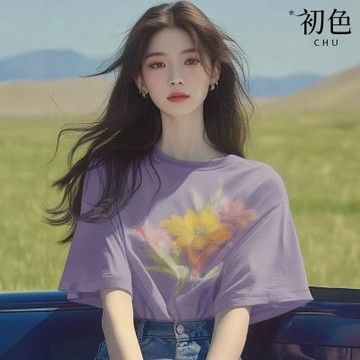 初色 休閒純色花卉印花寬鬆顯瘦圓領五分袖T恤上衣女上衣-紫色-36392(M-2XL可選)