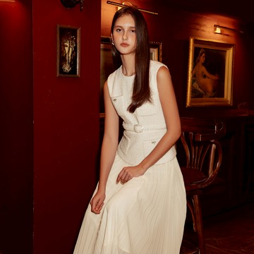 SO NICE 千金派對小香風仿兩件式羊毛混紡花呢拼接百褶雪紡長洋裝