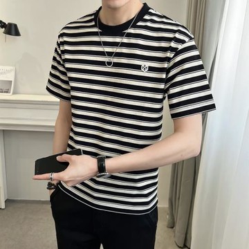 2025夏季短袖t恤男圓領新款條紋字母刺繡寬松休閑百搭青年上衣潮