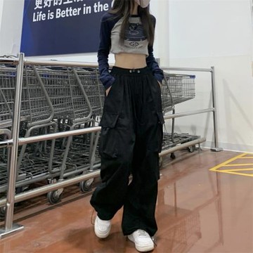 抽繩束腳工裝褲女加絨新款寬松顯瘦美式復古闊腿褲高腰直筒休閑褲