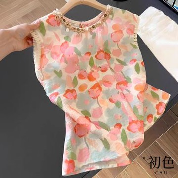 初色 法式田園蕾絲碎花印花流蘇裝飾圓領無袖背心女背心-花色-14860(M-2XL可選)