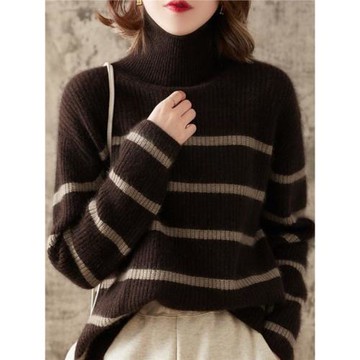 白領哥弟新2025春秋新款復古慵懶加厚高領條紋羊毛針織衫毛衣女