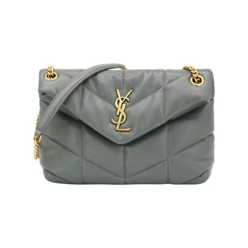 YSL Puffer 金鍊羊皮肩背斜背包-小(577476-灰)