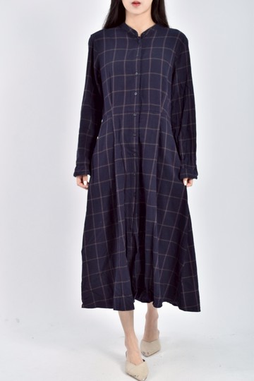 (S) uniqlo質感棉質格紋排扣藍色洋裝