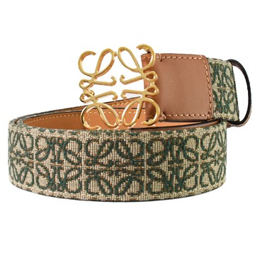 LOEWE Anagram 金屬LOGO緹花帆布穿扣式皮帶.綠/咖