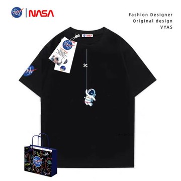 NASA聯名款印花短袖t恤男女同款情侶款寬松圓領純棉重磅潮牌T恤