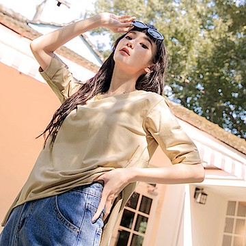 OB嚴選-高含棉寬版多色落肩反褶五分袖上衣