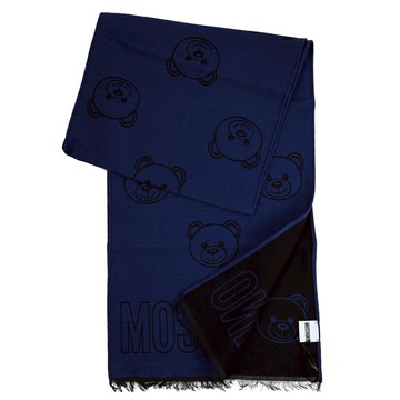 MOSCHINO 30763 M2992 滿版小熊羊毛長圍巾.黑/深藍