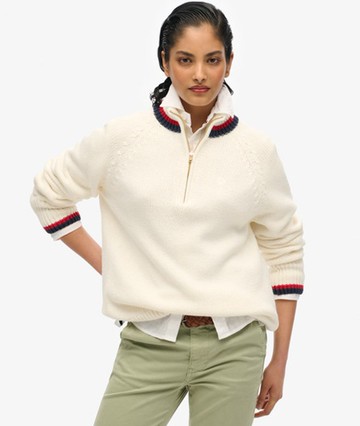 Superdry Women's Tipped Half Zip Jumper Cream Size: 8