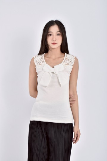 (XS（含）以下) 質感鏤空無袖白色上衣