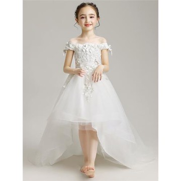 女童公主裙蓬蓬紗一字肩拖尾婚紗兒童小禮服模特走秀鋼琴演出服夏