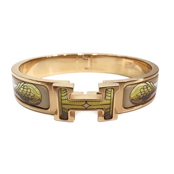 【Hermes 愛馬仕】 H702316FO E5 經典Clic H LOGO琺瑯玫瑰金色窄版手環(印花圖騰)