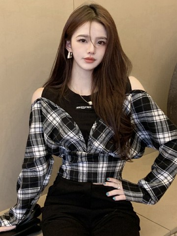 假兩件露肩格子上衣女裝秋季設計感小眾港味復古chic短款收腰長袖