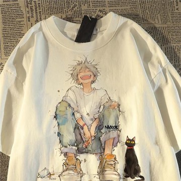 自由插畫人物印花純棉短袖t恤男女夏寬松oversize美式復古上衣潮